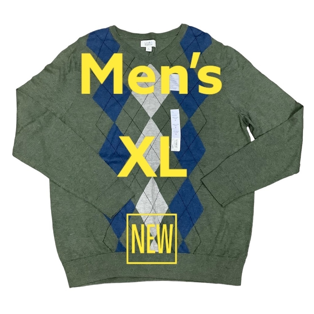 Men’s Croft & Barrow XL 46 - 48 V-Neck Sweater Argyle Olive Green Blue Gray NWT